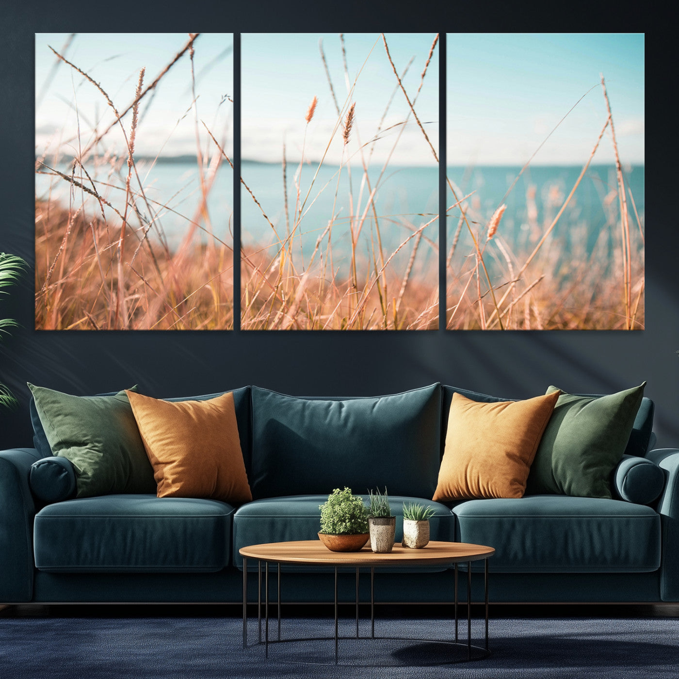 36108696-MGV-CV-36X24-Coastal Grass Landscape Wall Art Canvas Print – Golden Shoreline Nature Scene Serene Ocean View Artwork for Home Office
