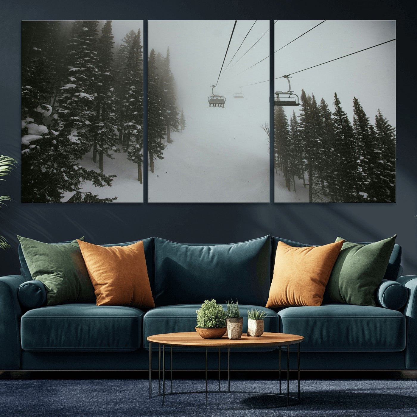 -Ski Lift Wall Art Canvas Print – Snowy Pines Misty Landscape Winter Serenity Artwork for Home, Office Decor