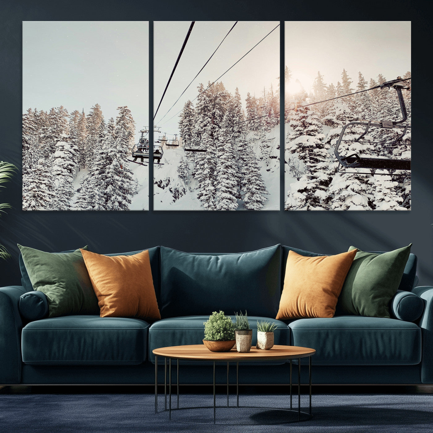 91534512-MGV-CV-36X24-Frosty Pines Wall Art Canvas Print – Framed Cozy Cabin Ski Lift Ride Winter Scene Artwork for Home Office