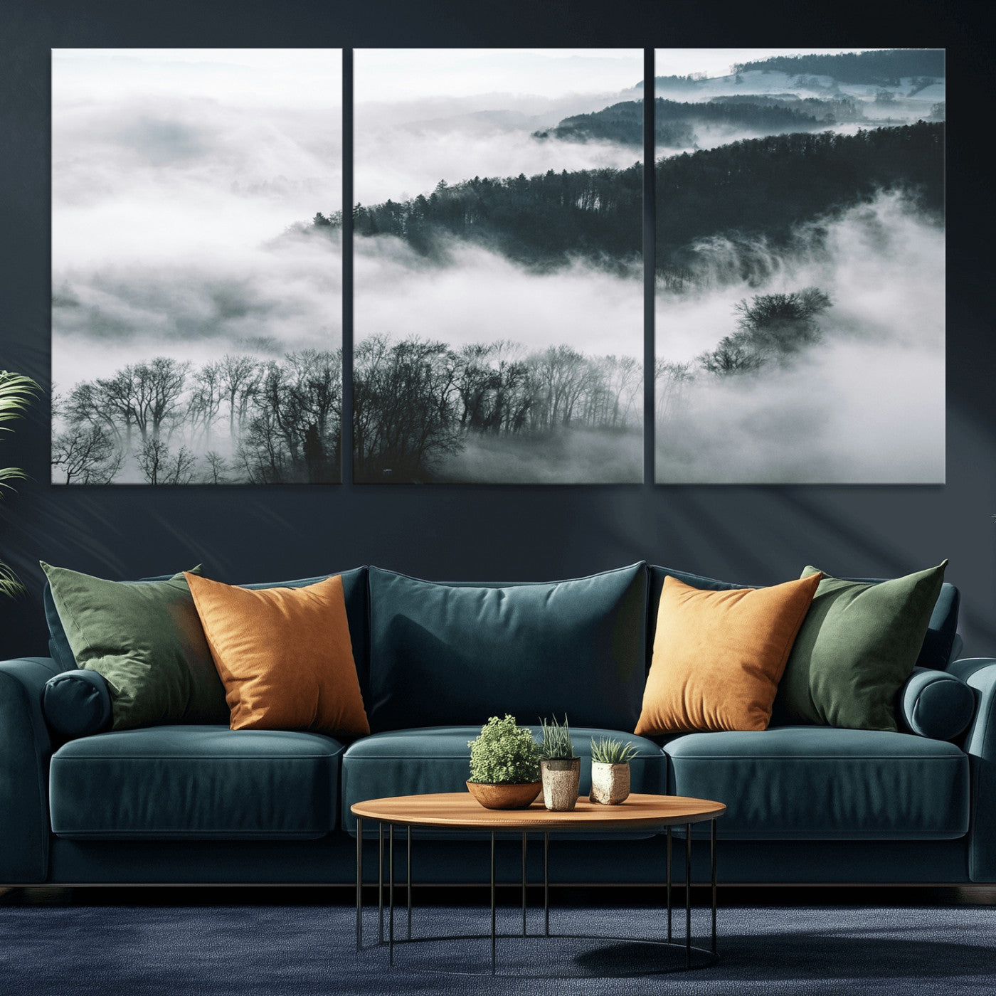 67569654-MGV-CV-36X24-Foggy Forest Landscape Wall Art Canvas Print – Misty Mountain Valley Scene Monochrome Tones Nature Artwork for Home Office