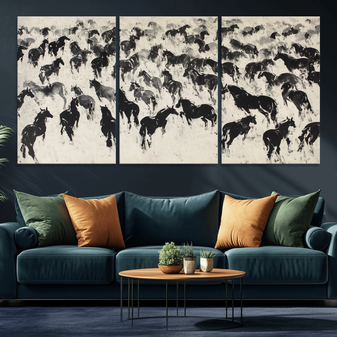 -Wild Horse Stampede Wall Art Canvas Print – Monochrome Running Horses Dynamic Motion Elegant Scene Artwork for Home, Office