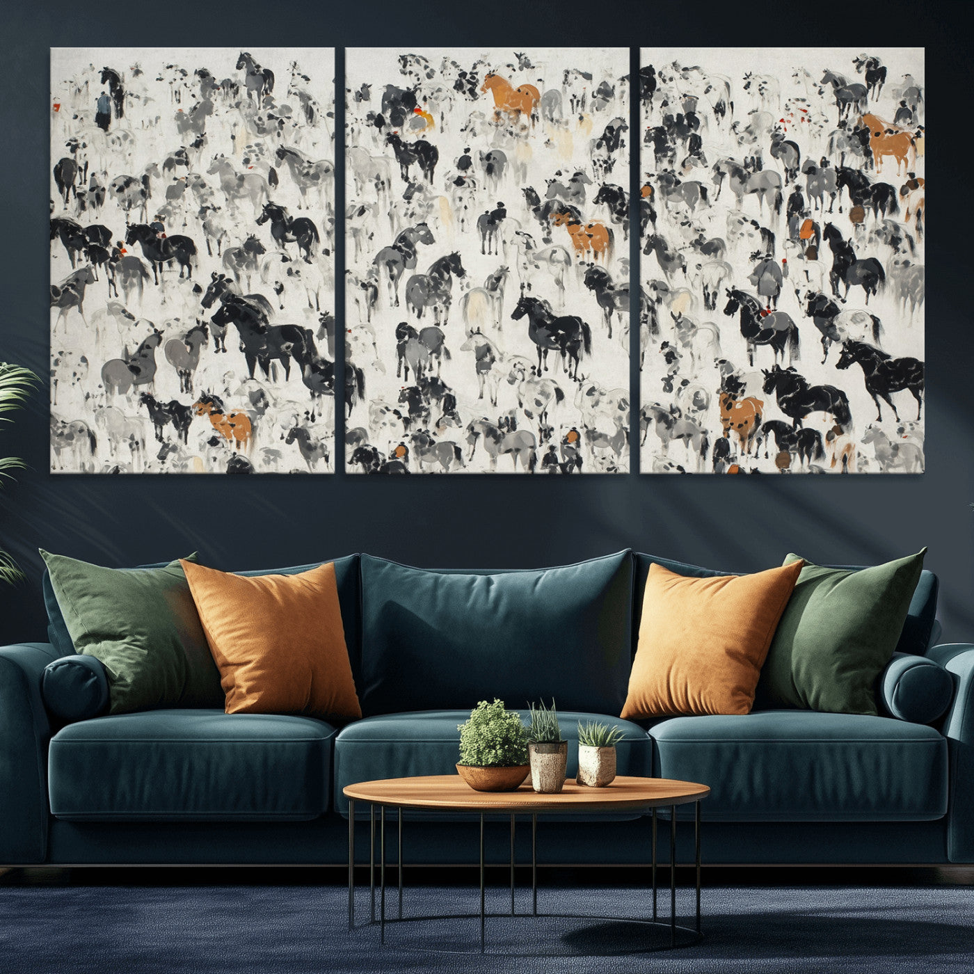 56463722-MGV-CV-36X24-Wild Horse Stampede Wall Art Canvas Print – Monochrome Running Horses Dynamic Motion Elegant Scene Artwork for Home, Office