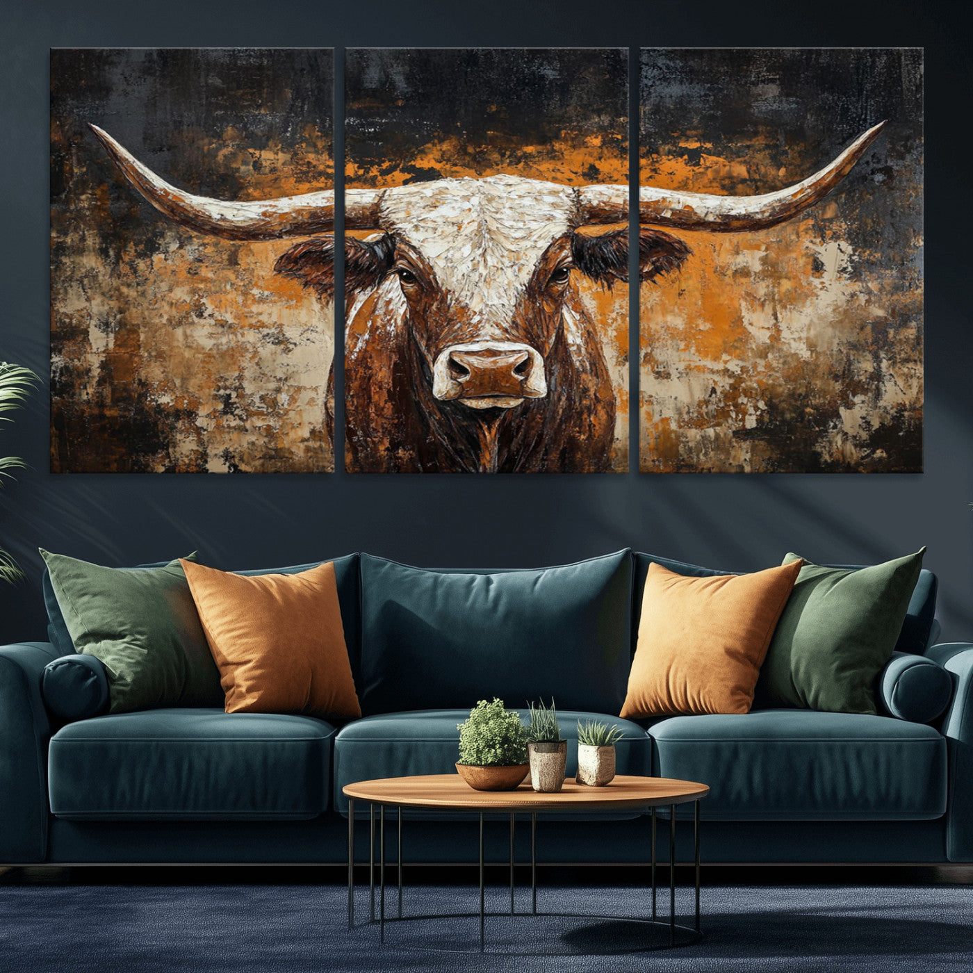 25265572-MGV-CV-36X24-Rustic Longhorn Bull Wall Art Canvas Print – Vintage Western Cattle Scene, Texas Steer Artwork for Home, Office