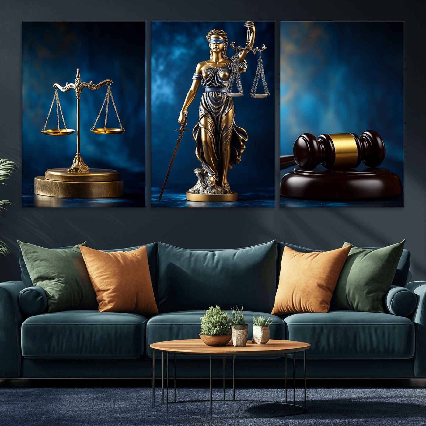 33888279-MGV-FP-36X24-3P_Walnut-Lady Justice Wall Art Canvas Print – Elegant Gold Legal Symbols Blue Background, Perfect for Law