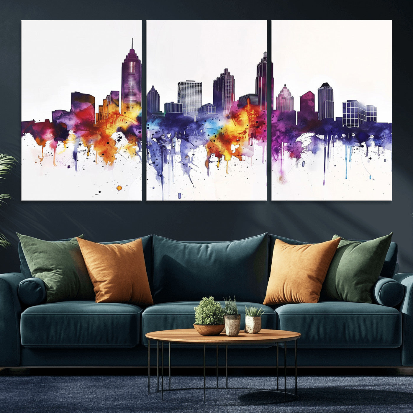34479880-MGV-CV-36X24-Atlanta Skyline Wall Art Canvas Print – Framed Colorful Watercolor Cityscape Artwork for Home, Office, Living Room