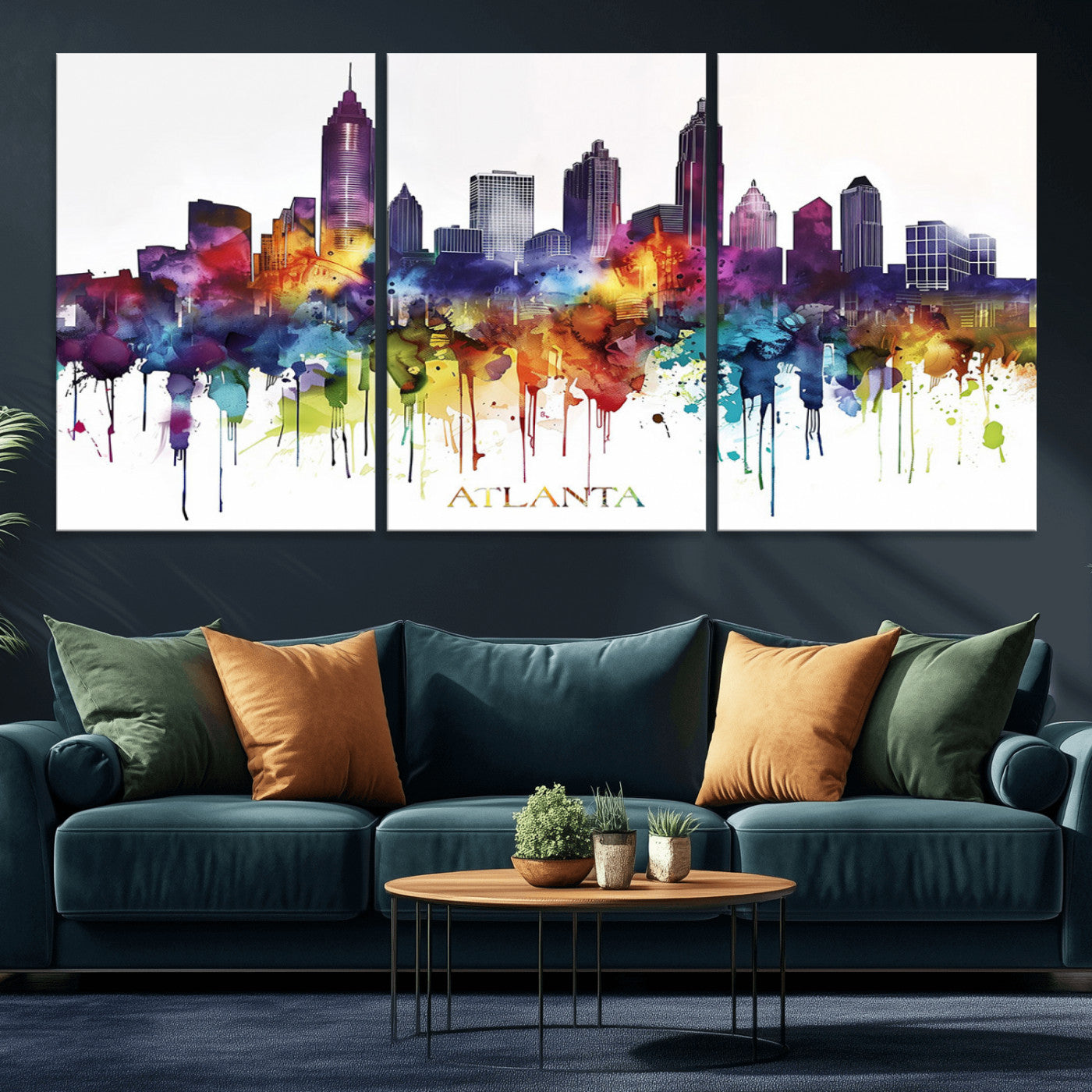 36048320-MGV-CV-60X30-3P-Atlanta Skyline Wall Art Canvas Print – Framed Colorful Watercolor Cityscape Abstract Urban Artwork for Home, Office