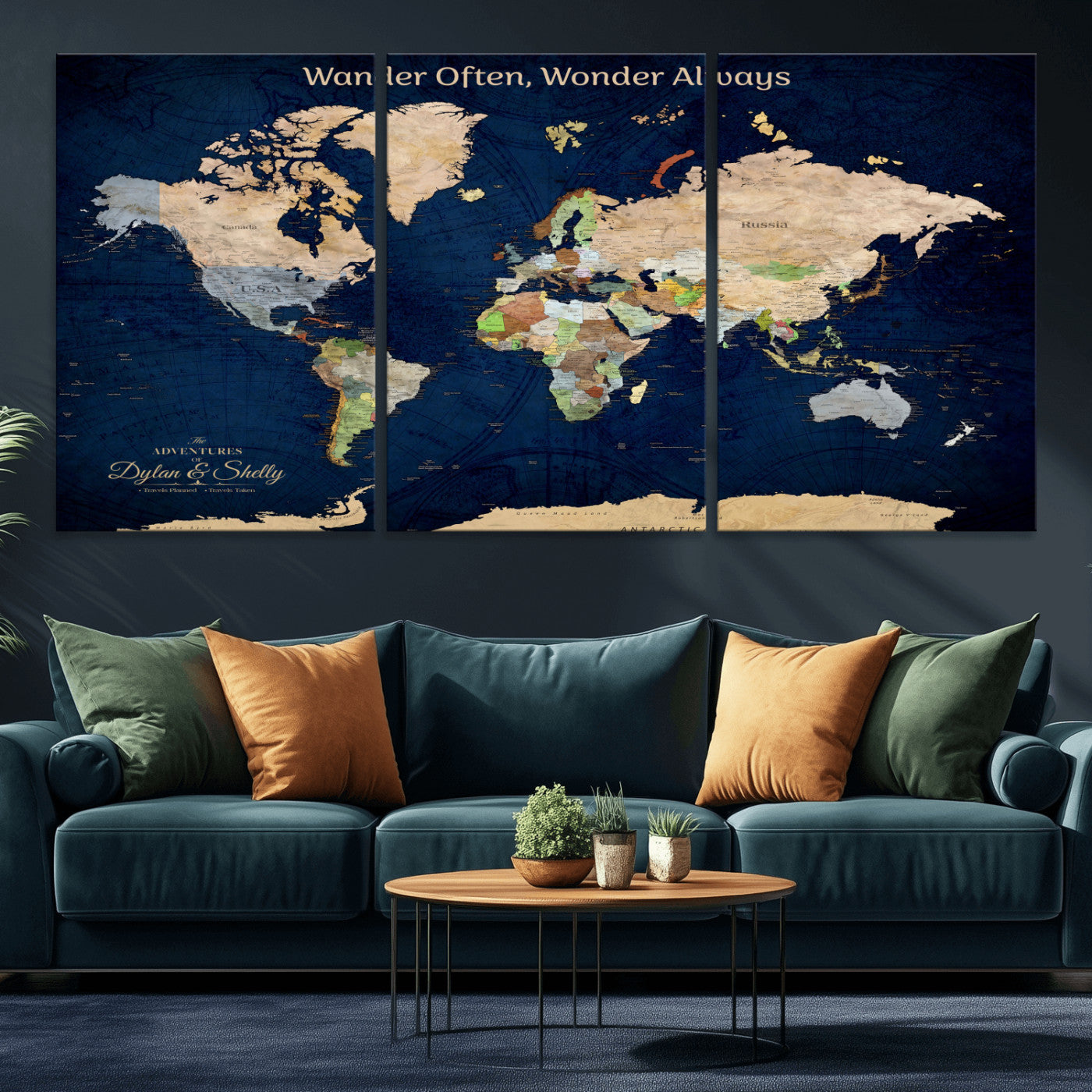 Rehber01-MGV-CV-36X24-Personalized World Map Canvas – Custom Framed Push Pin Travel Map Wall Art, Navy Blue Vintage Gift for Couples and Adventurers