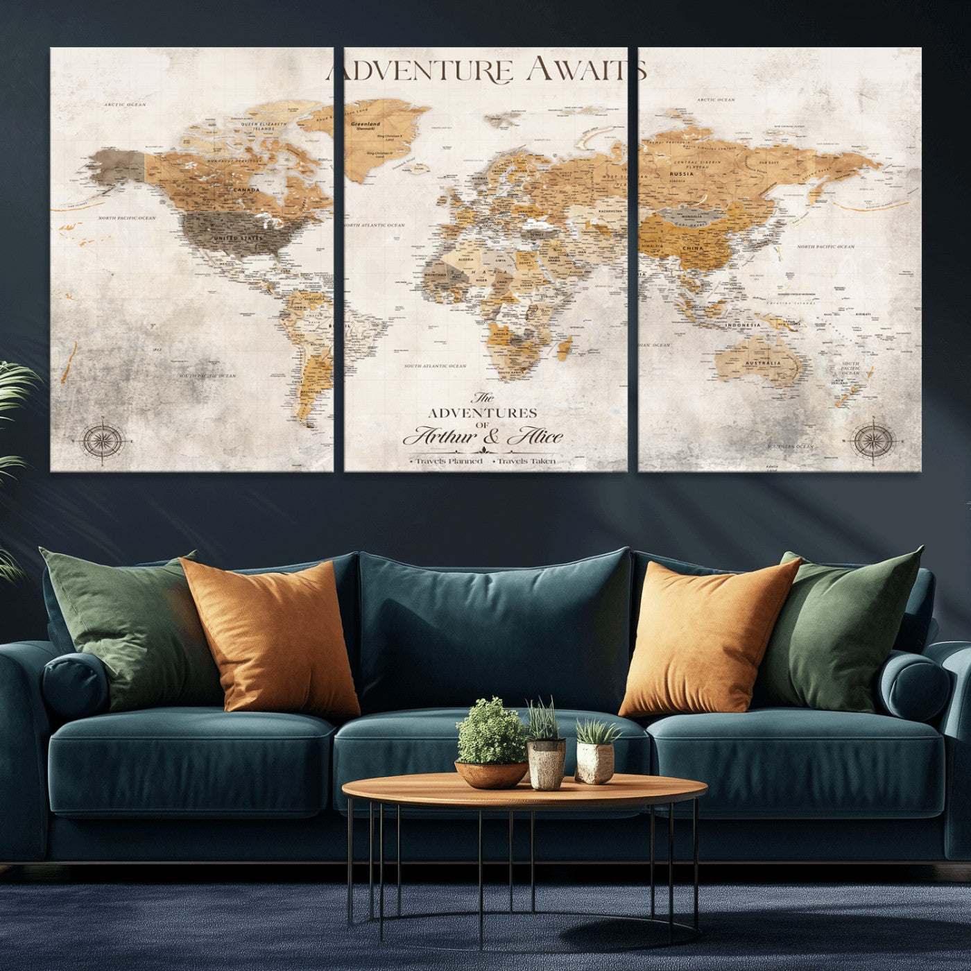 Rehber01-MGV-CV-36X24-Personalized World Map Canvas Print – Custom Push Pin Travel Map Vintage Neutral Style Gift for Couples Travelers for Home Office
