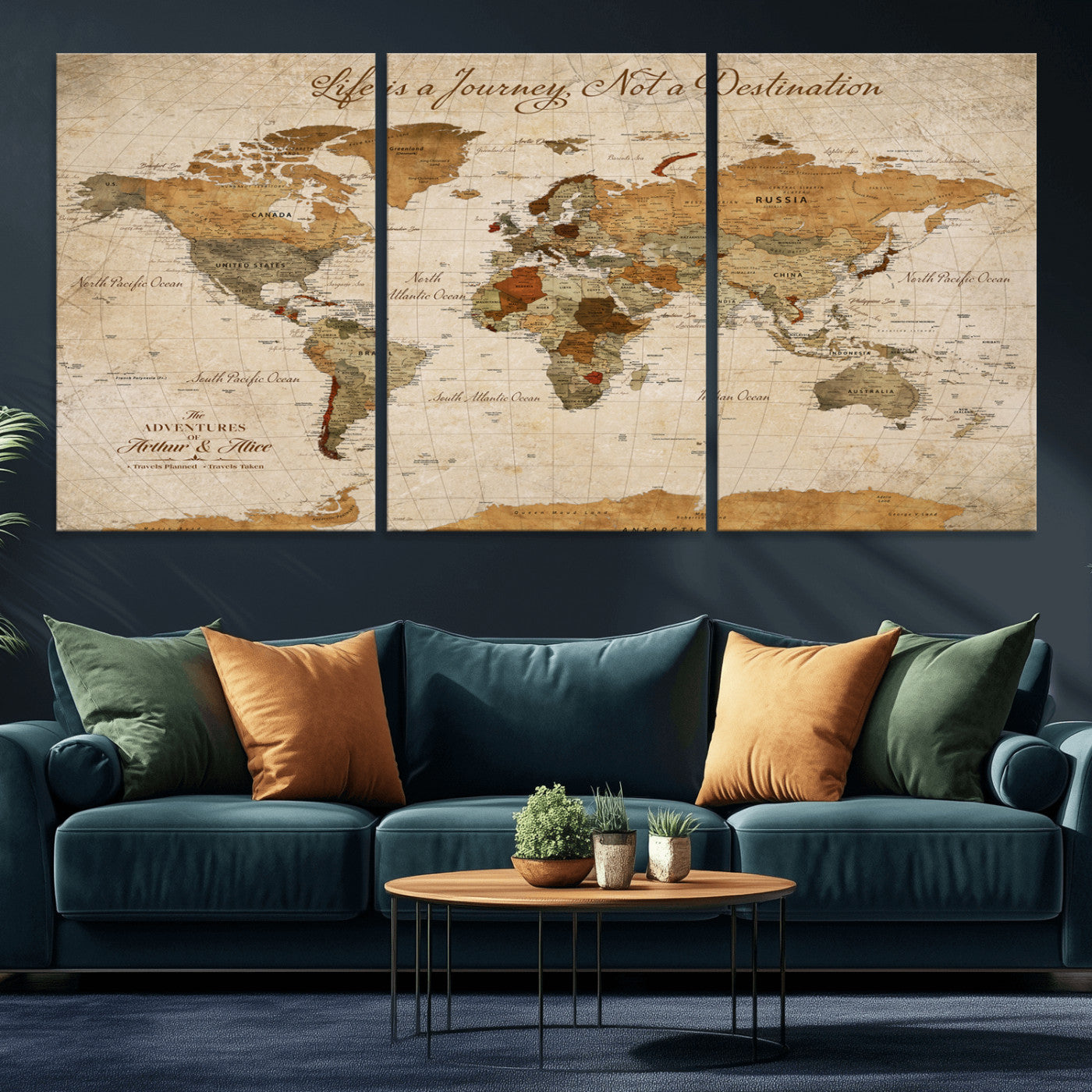 Rehber01-MGV-CV-36X24-Personalized Vintage World Map Canvas – Custom Framed Push Pin Travel Map Wall Art, Rustic Gift for Couples and Travel Lovers