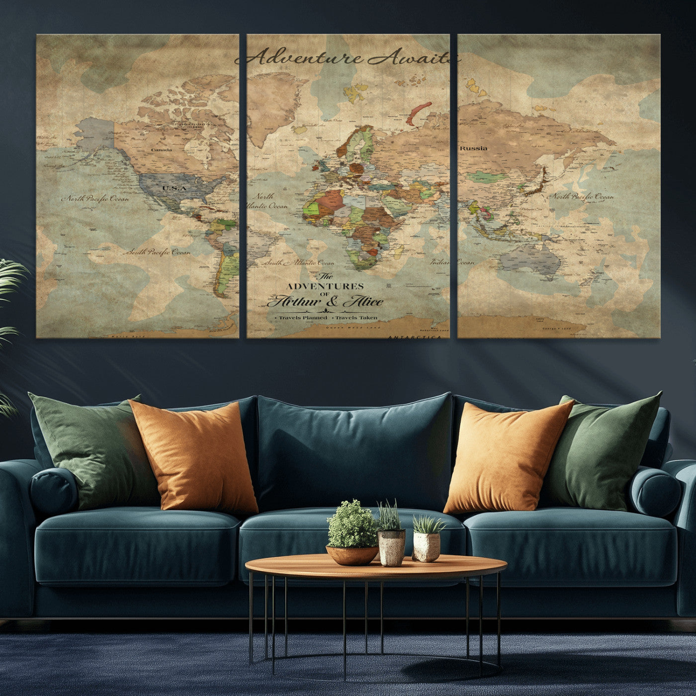 Rehber01-MGV-CV-36X24-Personalized Vintage World Map Canvas Print – Custom Push Pin Travel Map Antique Style Gift for Couples Travelers for Home Office