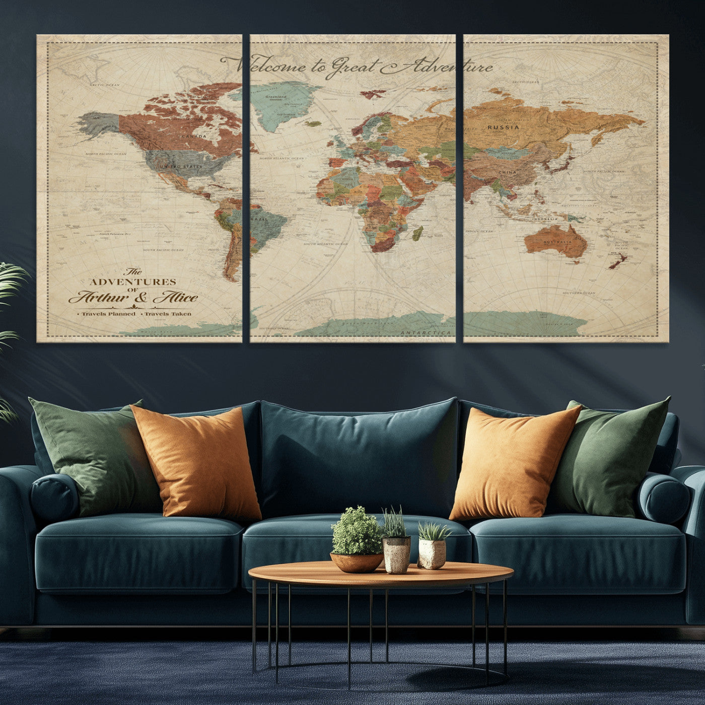 Rehber01-MGV-CV-36X24-Personalized Antique World Map Canvas Print – Custom Push Pin Travel Map Vintage Gift for Couples Explorers for Home, Office