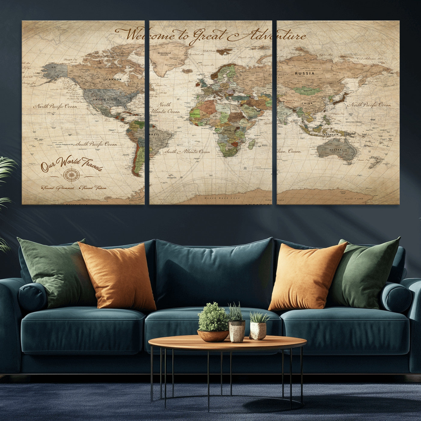 -Personalized Antique World Map Canvas Print – Custom Push Pin Travel Tracker Vintage Adventure Gift for Couples for Home, Office