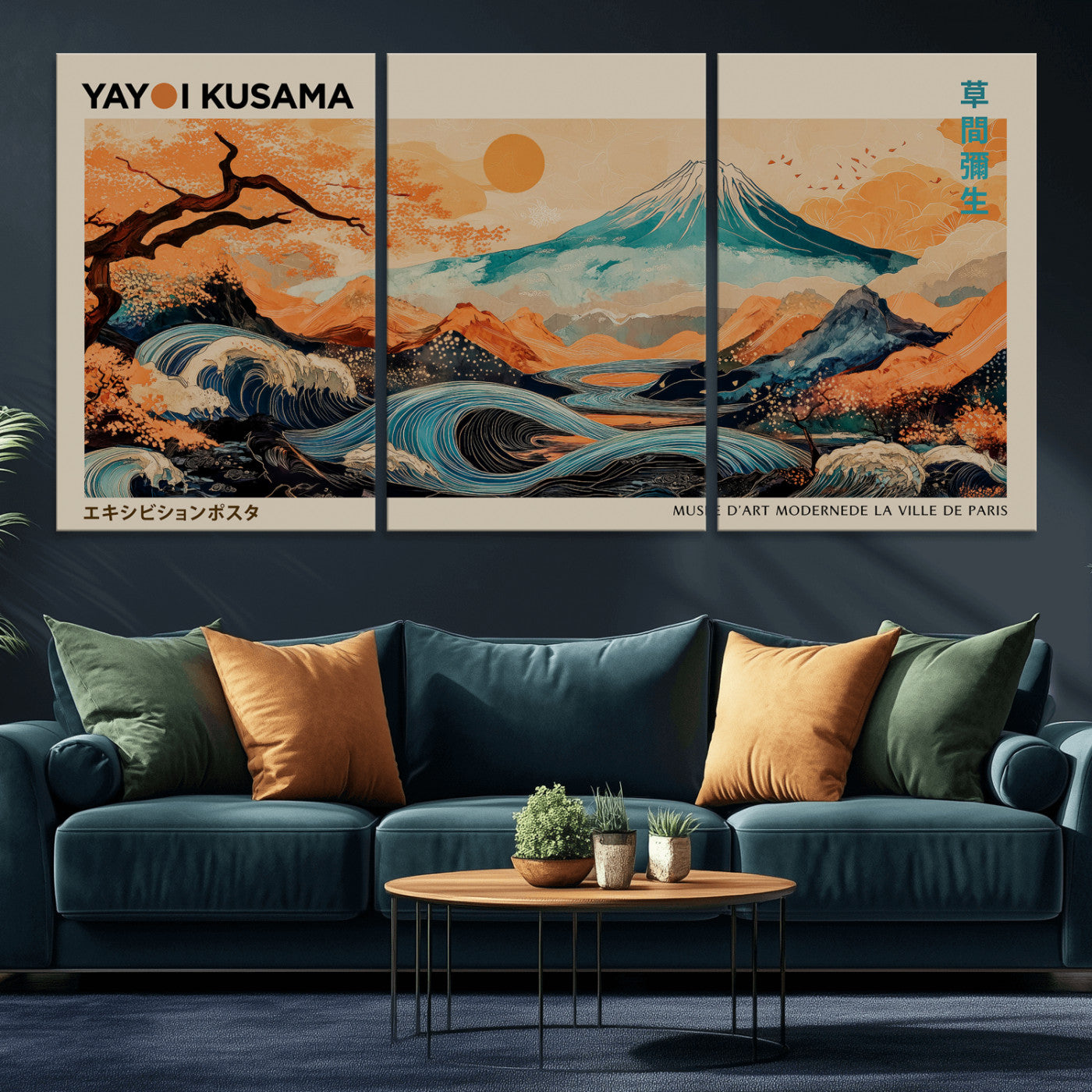 94085549-MGV-CV-36X24 - Yayoi Kusama Japanese Landscape Wall Art Canvas Print – Modern Abstract Mount Fuji Wall Art - Japanese Waves & Autumn Trees Print