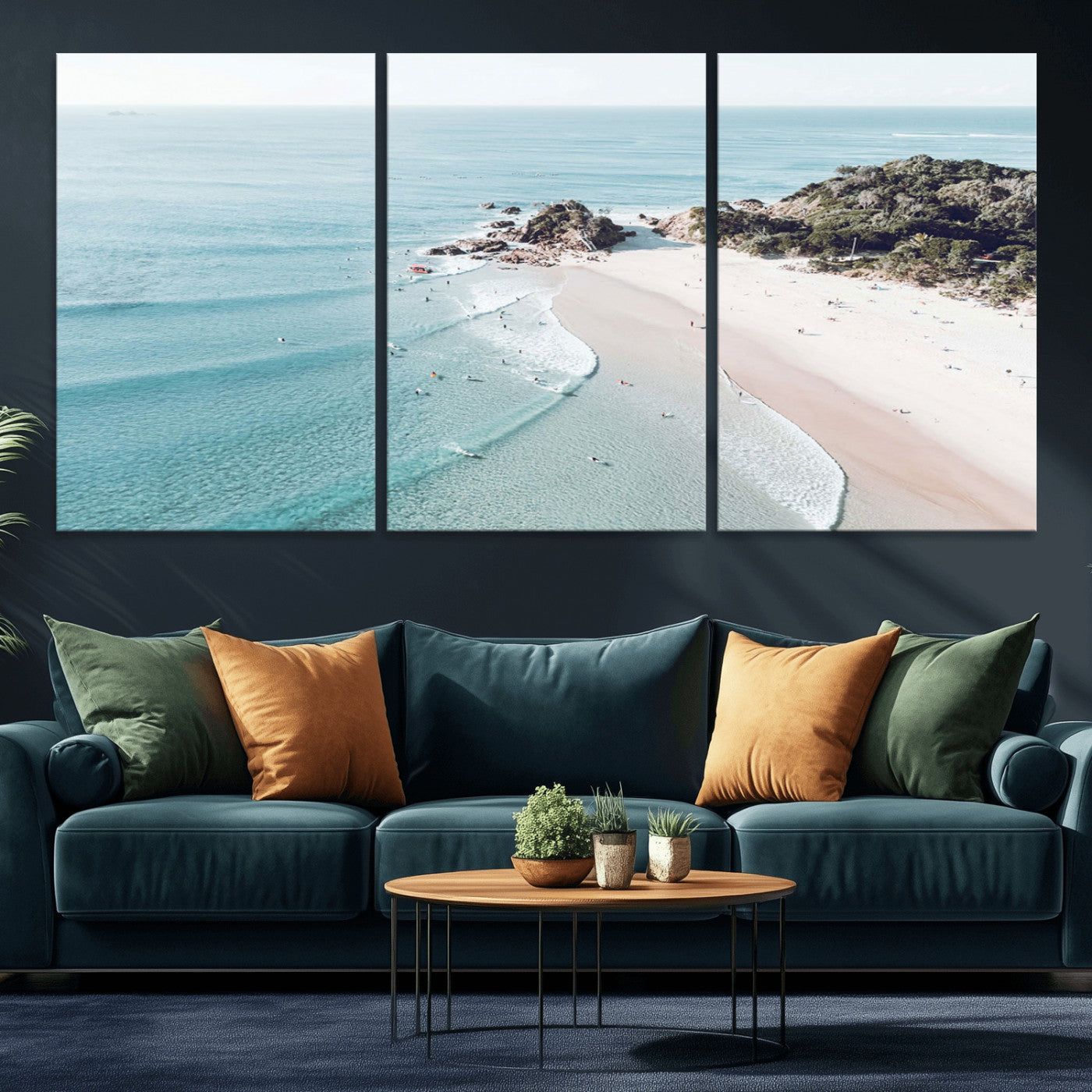 79395467-MGV-CV-36X24 - Aerial Beach Wall Art Canvas Print, Coastal Ocean Waves and Surfers Scenic Seaside Artwork for Home, Office Decor