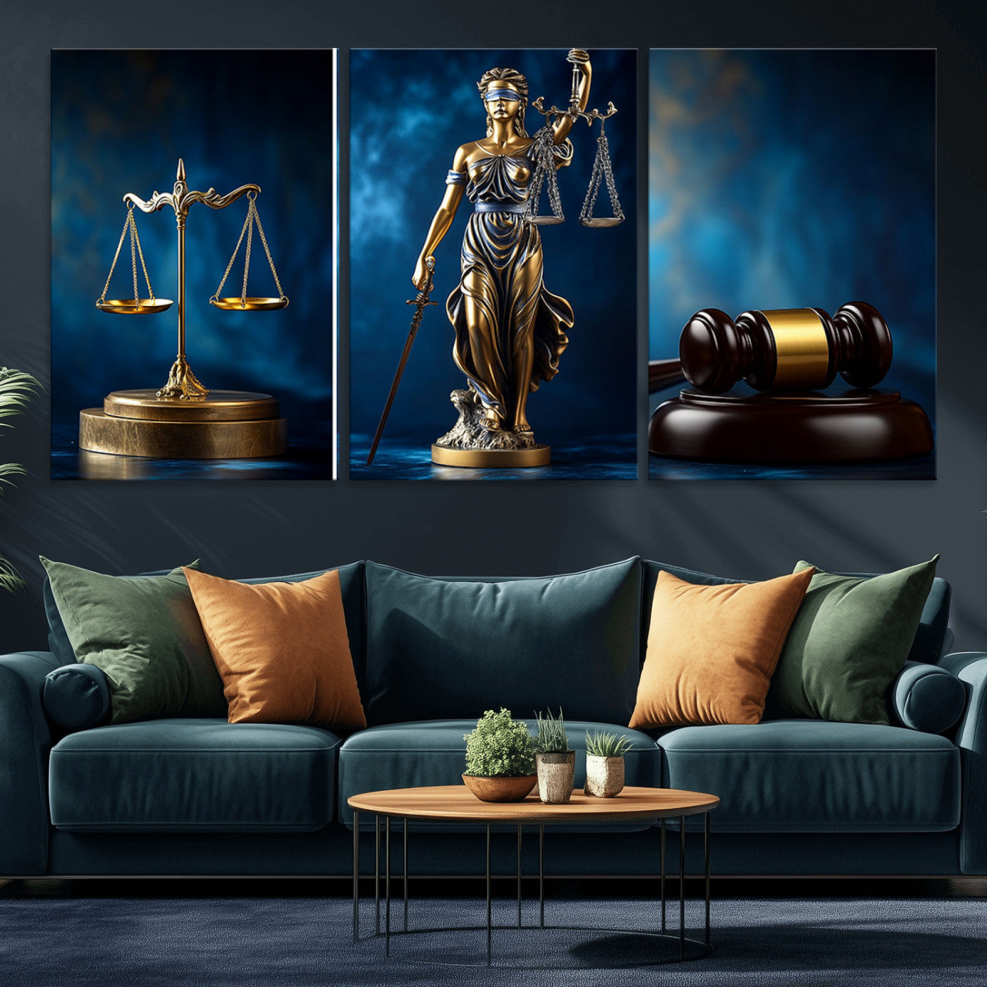 91991274-MGV-CV-60X30-3P-Justice Scales Statue Wall Art, Lady Justice Canvas Print, Legal Law Sculpture Artwork, Courtroom Decor for Home, Office