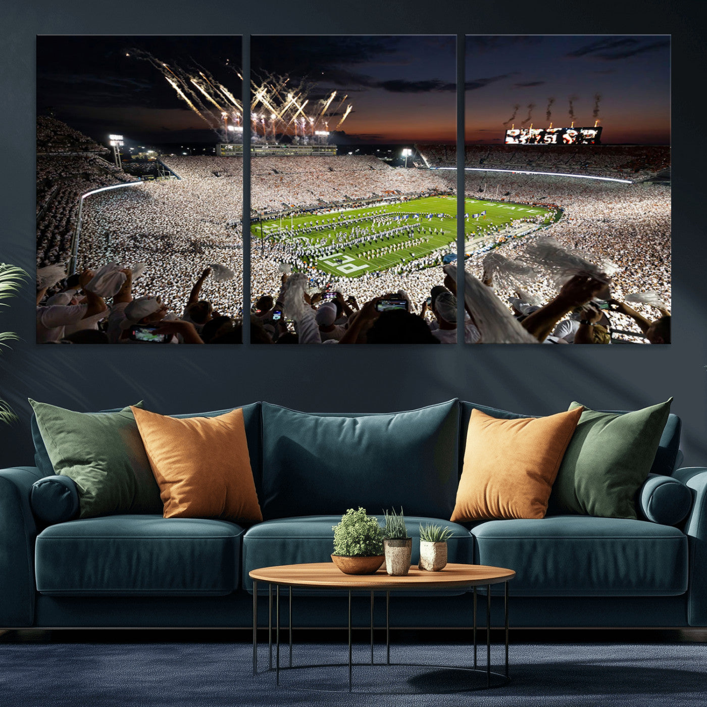 11221988-MGV-CV-60X30-3P - Epic Night Football Stadium Wall Art Canvas Print, Fireworks and Crowd Energy Game Day Excitement Decor for Home, Office