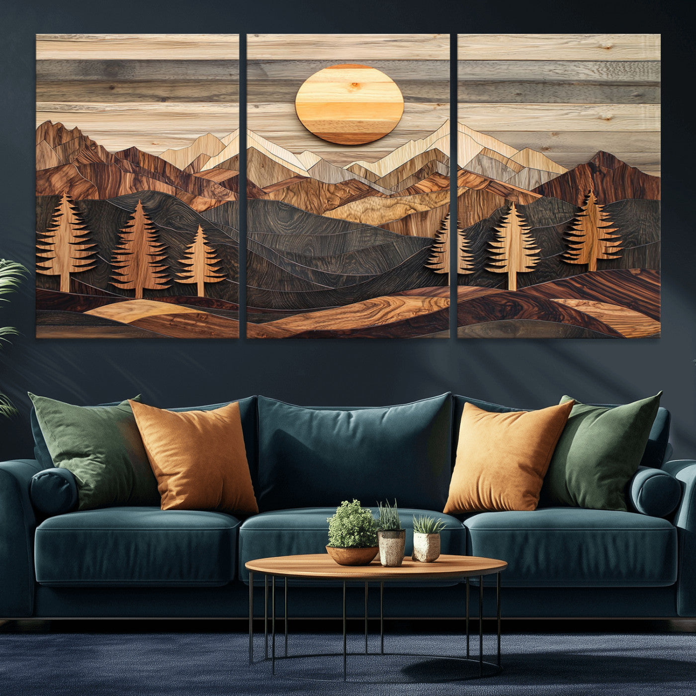 19832326-MGV-CV-60X30-3P - Wooden Mountain Landscape Layered Texture Geometric Shapes Sun Pine Trees Rustic Natural Tones Art
