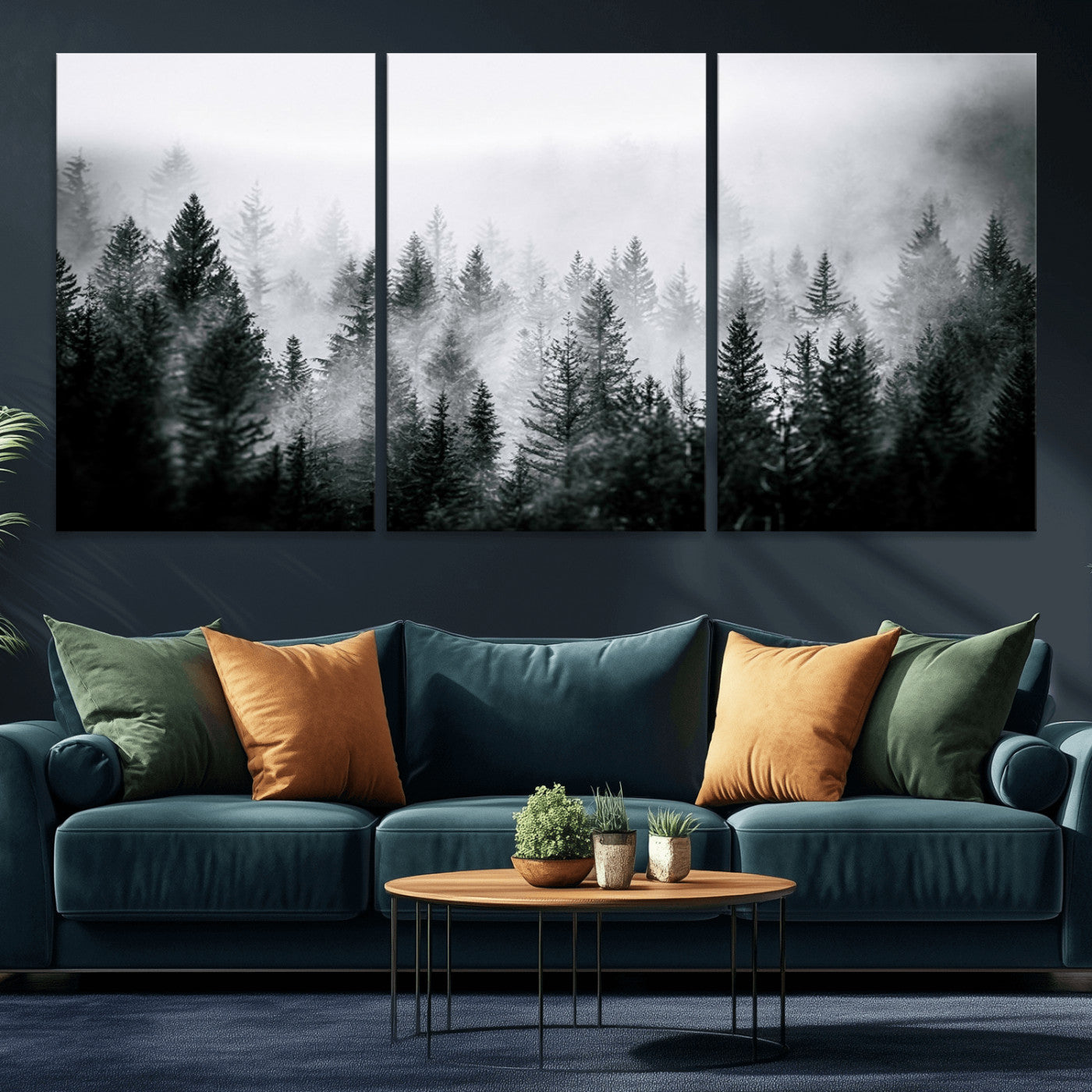 MGV-CV-60X30-3P - Foggy Pine Forest Canvas Wall Art – Black and White Nature Landscape Print, Horizontal Canvas for