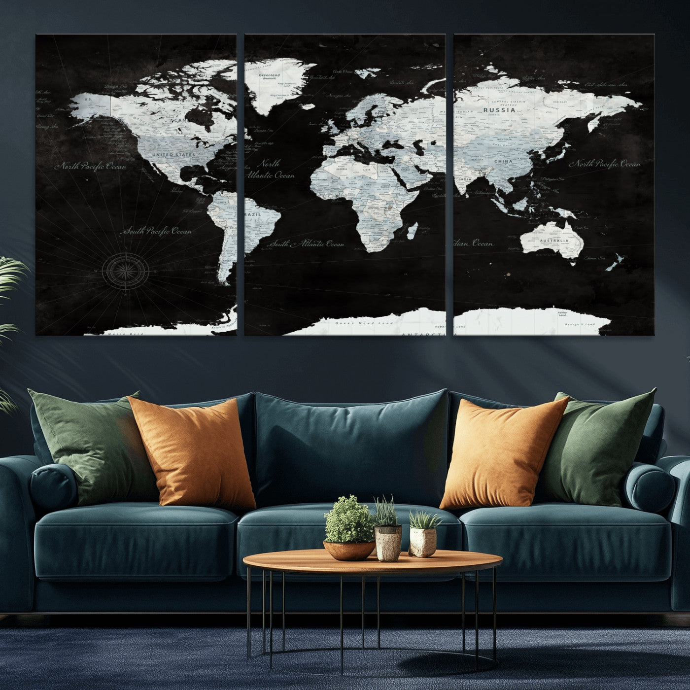 30759283-MGV-CV-60X30-3P - World Map Wall Art Canvas Print, Modern Decorative Framed Map Artwork Prints for Living Room, Office, Bedroom Wall Decor