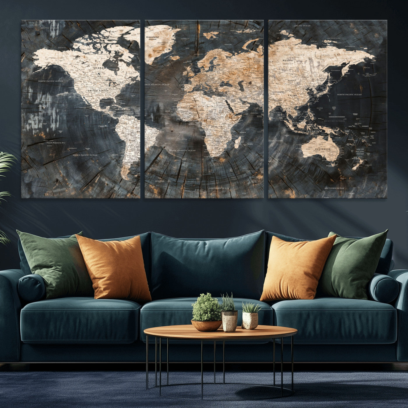 57626704-MGV-CV-60X30-3P - World Map Wall Art Canvas Print, Modern Decorative Framed Map Artwork Prints for Living Room, Office, Bedroom Wall Decor