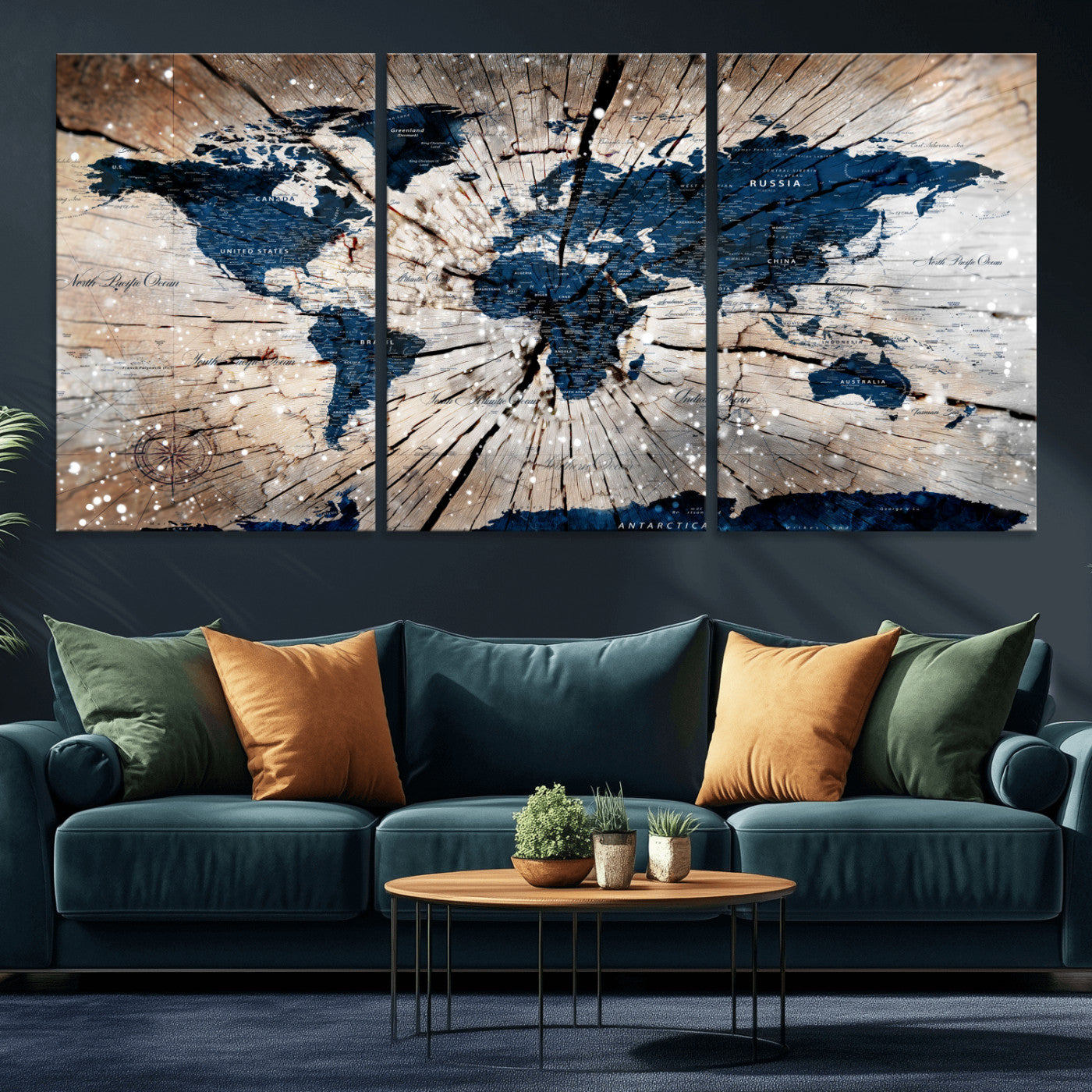 99001695-MGV-CV-60X30-3P - World Map Wall Art Canvas Print, Modern Decorative Framed Map Artwork Prints for Living Room, Office, Bedroom Wall Decor