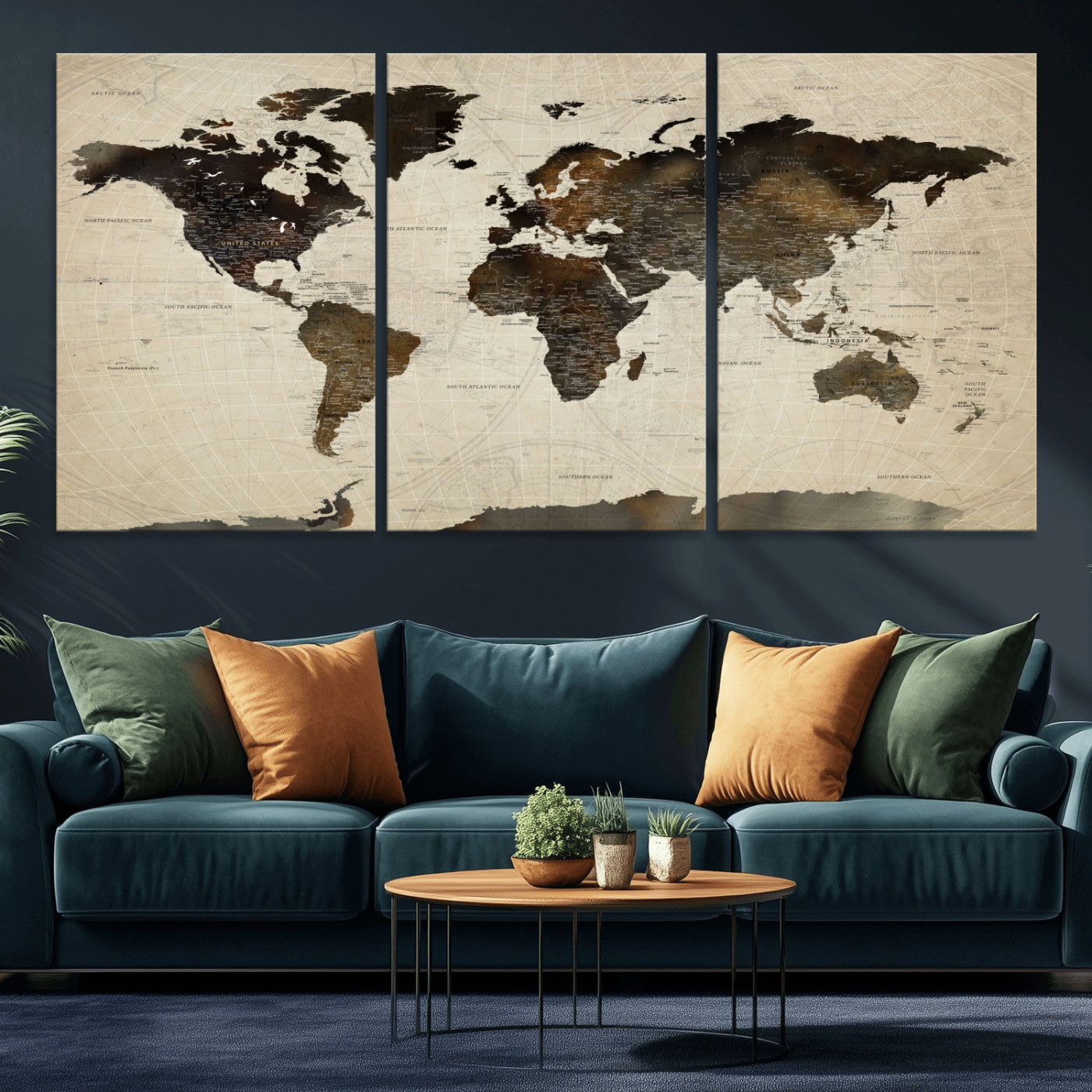 81771296-MGV-CV-60X30-3P - World Map Wall Art Canvas Print, Modern Decorative Framed Map Artwork Prints for Living Room, Office, Bedroom Wall Decor