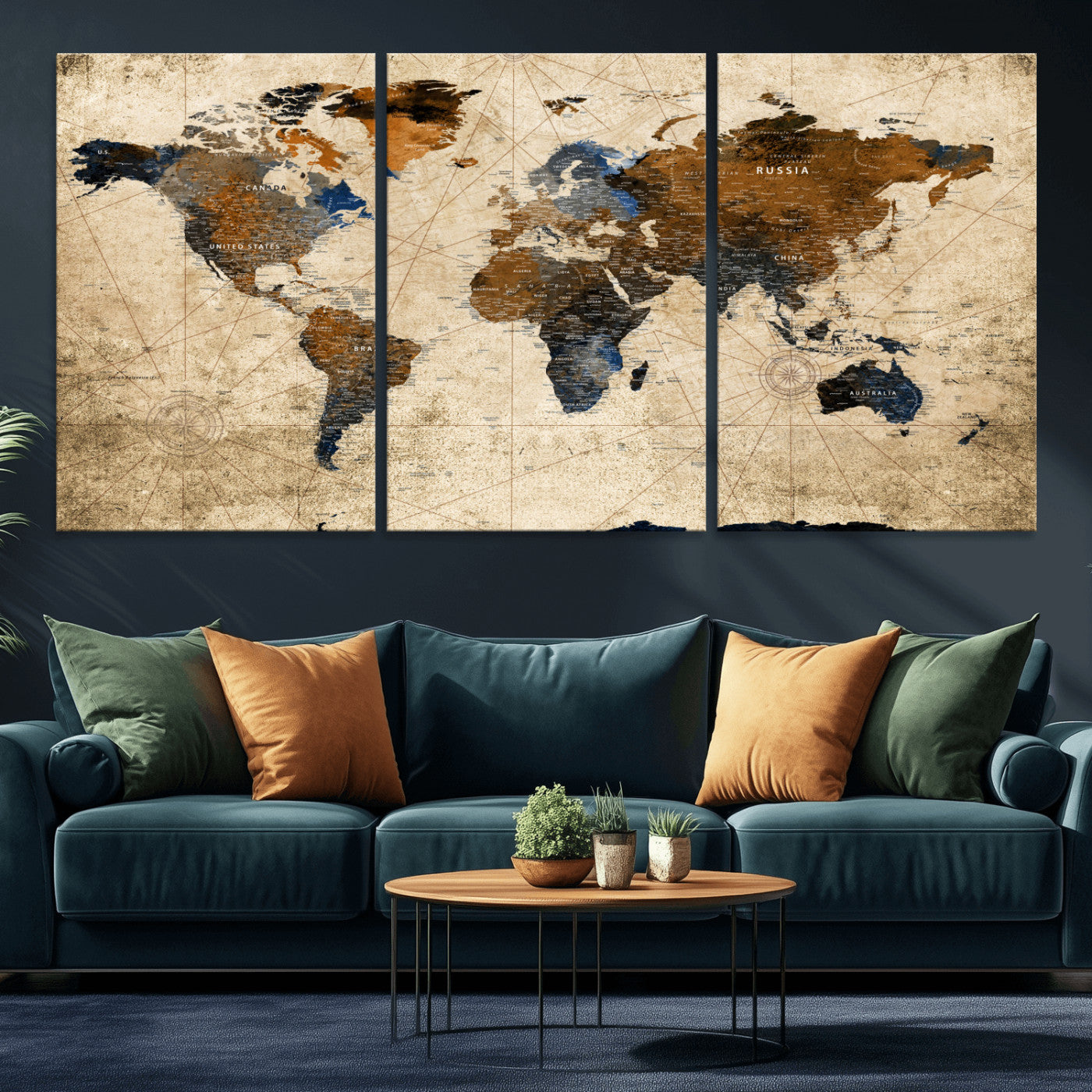 56297284-MGV-CV-60X30-3P - World Map Wall Art Canvas Print, Modern Decorative Framed Map Artwork Prints for Living Room, Office, Bedroom Wall Decor
