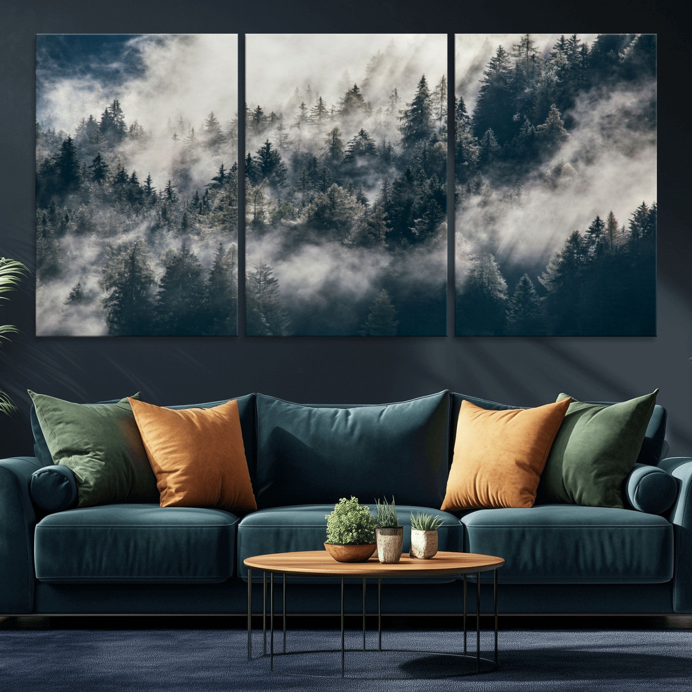 270372951-MGV-CV-60X30-3P - Misty Pine Forest Canvas Wall Art – Dark Forest Mountaing and Nature Landscape Print, Horizontal Canvas Print