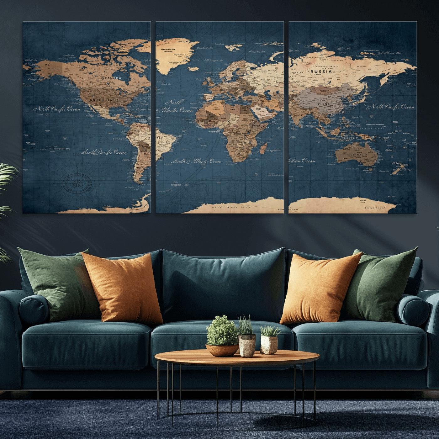 69886352-MGV-CV-36X24 - World Map Wall Art Canvas Print, Modern Decorative Framed Map Artwork Prints for Living Room, Office, Bedroom Wall Decor