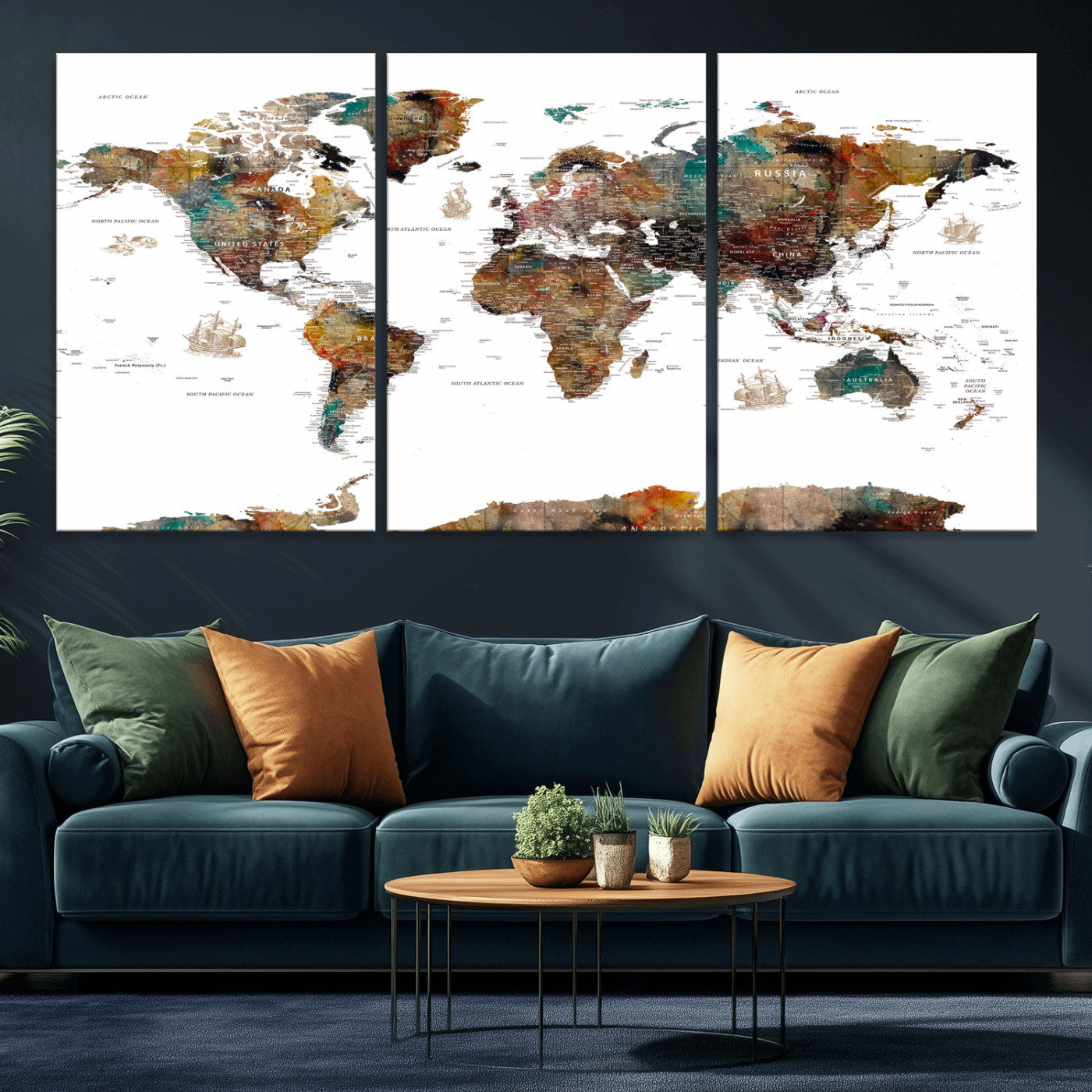 82293175-MGV-CV-36X24 - World Map Wall Art Canvas Print, Modern Decorative Framed Map Artwork Prints for Living Room, Office, Bedroom Wall Decor