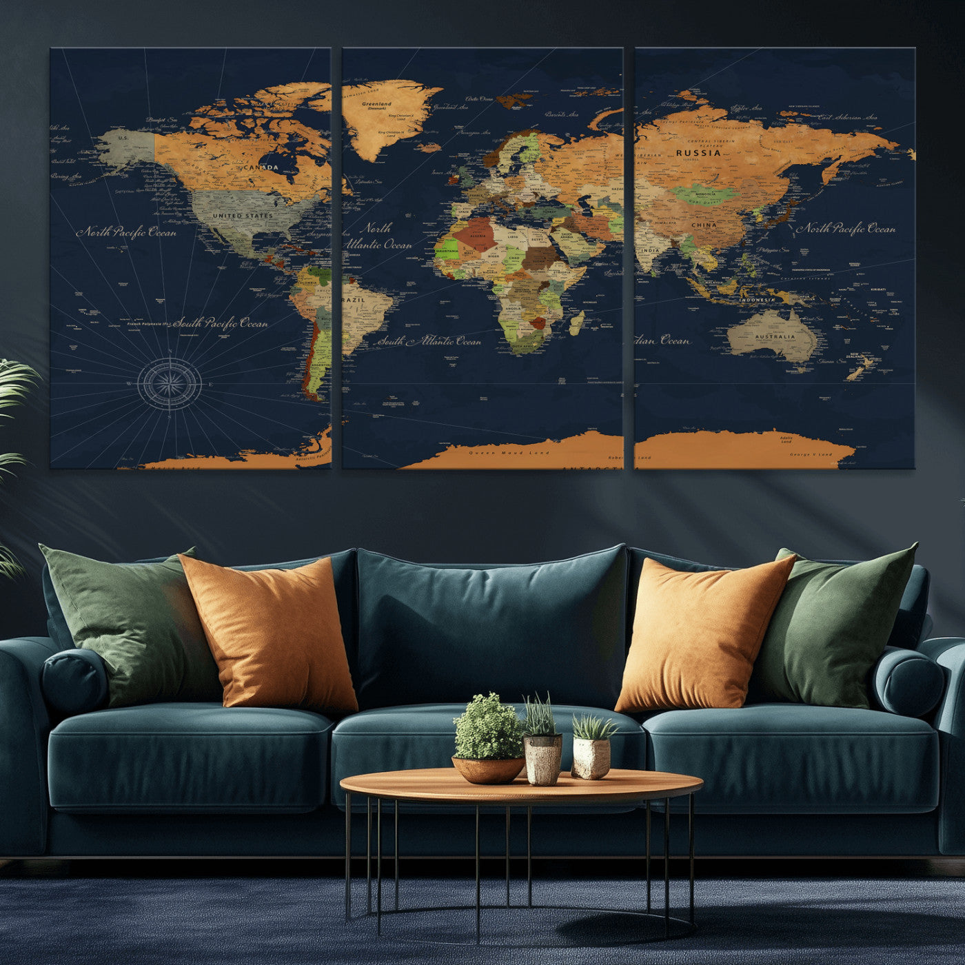 11715182-MGV-CV-36X24 - World Map Wall Art Canvas Print, Modern Decorative Framed Map Artwork Prints for Living Room, Office, Bedroom Wall Decor