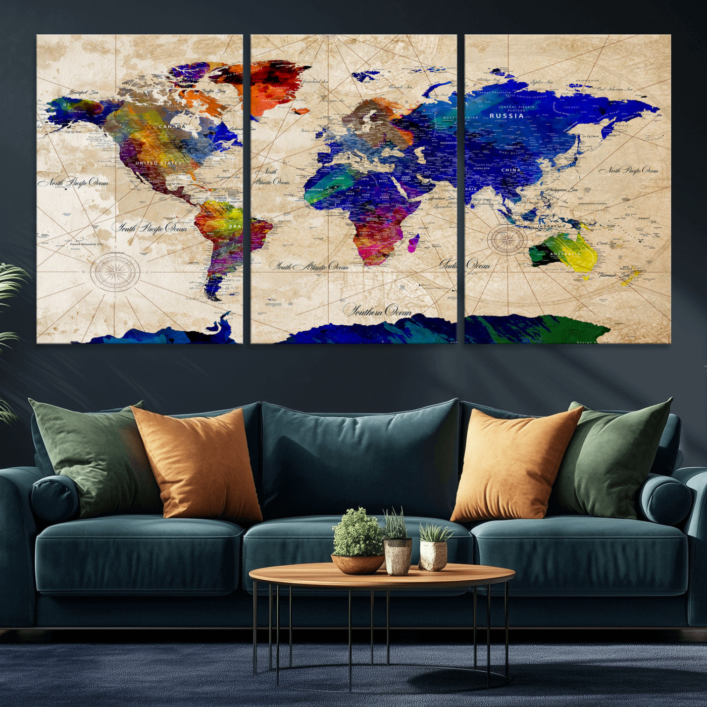 26284075-MGV-CV-36X24 - World Map Wall Art Canvas Print, Modern Decorative Framed Map Artwork Prints for Living Room, Office, Bedroom Wall Decor