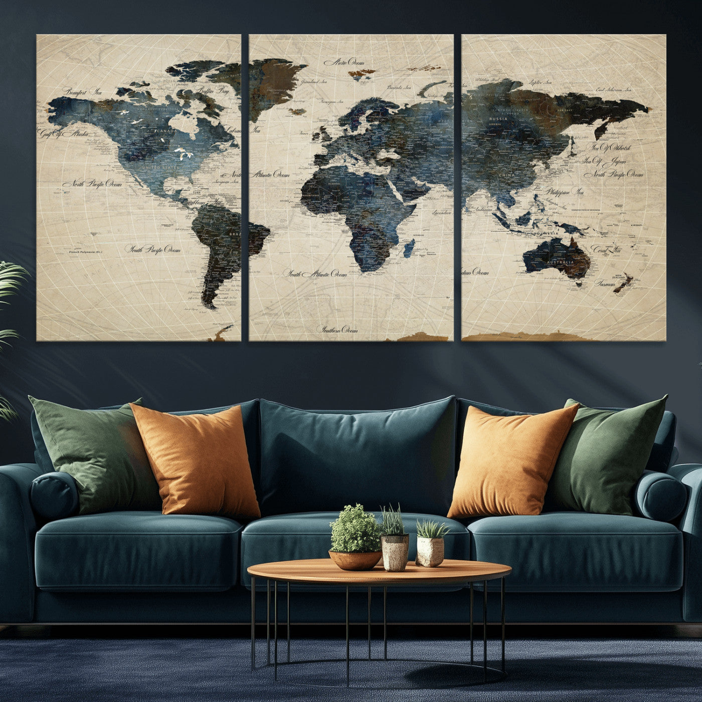 72927803-MGV-CV-36X24 - World Map Wall Art Canvas Print, Modern Decorative Framed Map Artwork Prints for Living Room, Office, Bedroom Wall Decor