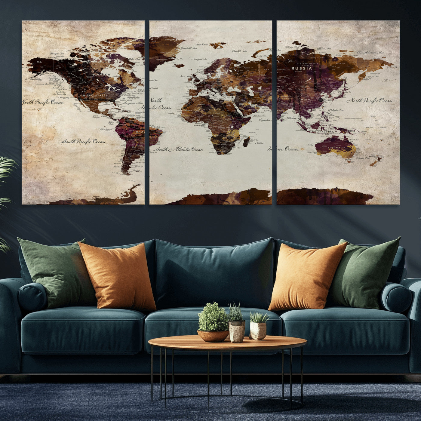 50611123-MGV-CV-36X24 - World Map Canvas Triptych – Colorful Global Wall Art for Living Rooms, Offices, and Study Spaces