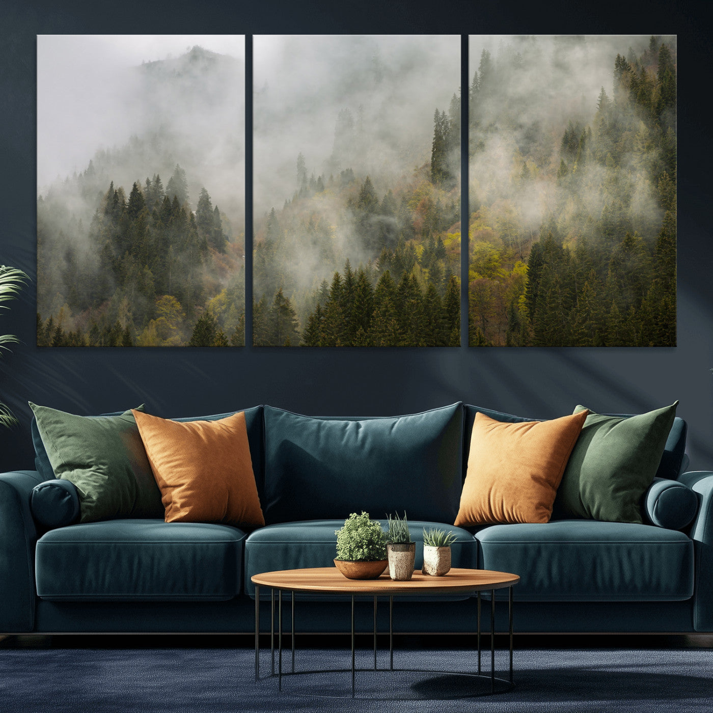 31152954-MGV-CV-36X24 - Misty Mountain Forest Canvas Print, Foggy Pine Trees Nature Wall Art, Framed Canvas Ready to Hang