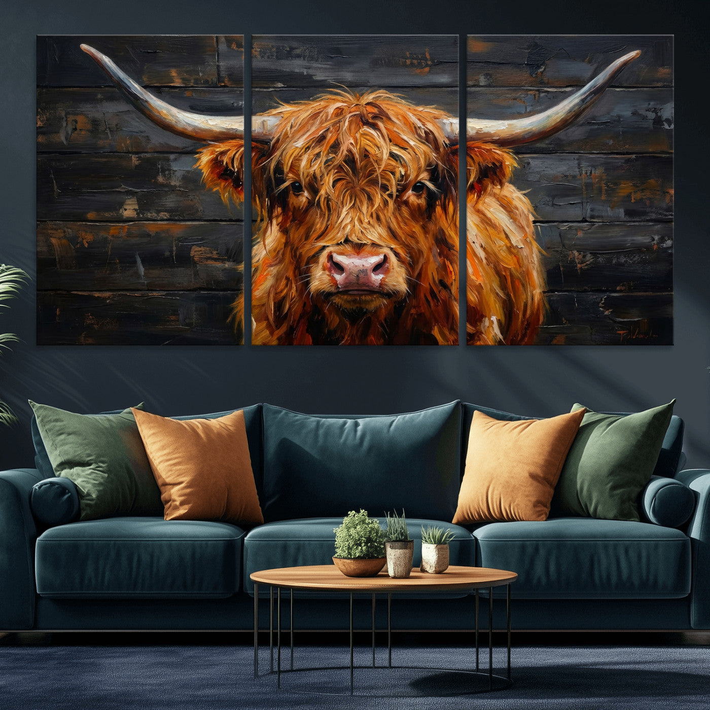 32536611-MGV-CV-36X24 - Highland Cow Wall Art Canvas Print, Rustic Farm Animal Painting, Framed Wall Art Ready to Hang