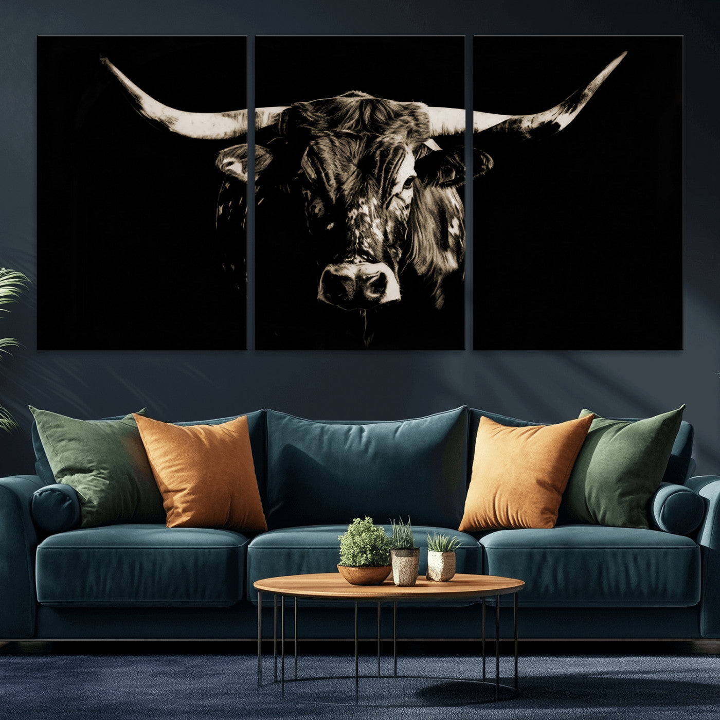 75774468-MGV-CV-36X24 - Black Bull Wall Art Canvas Print, Dark Longhorn Portrait Photography, Framed Wall Art Ready to Hang