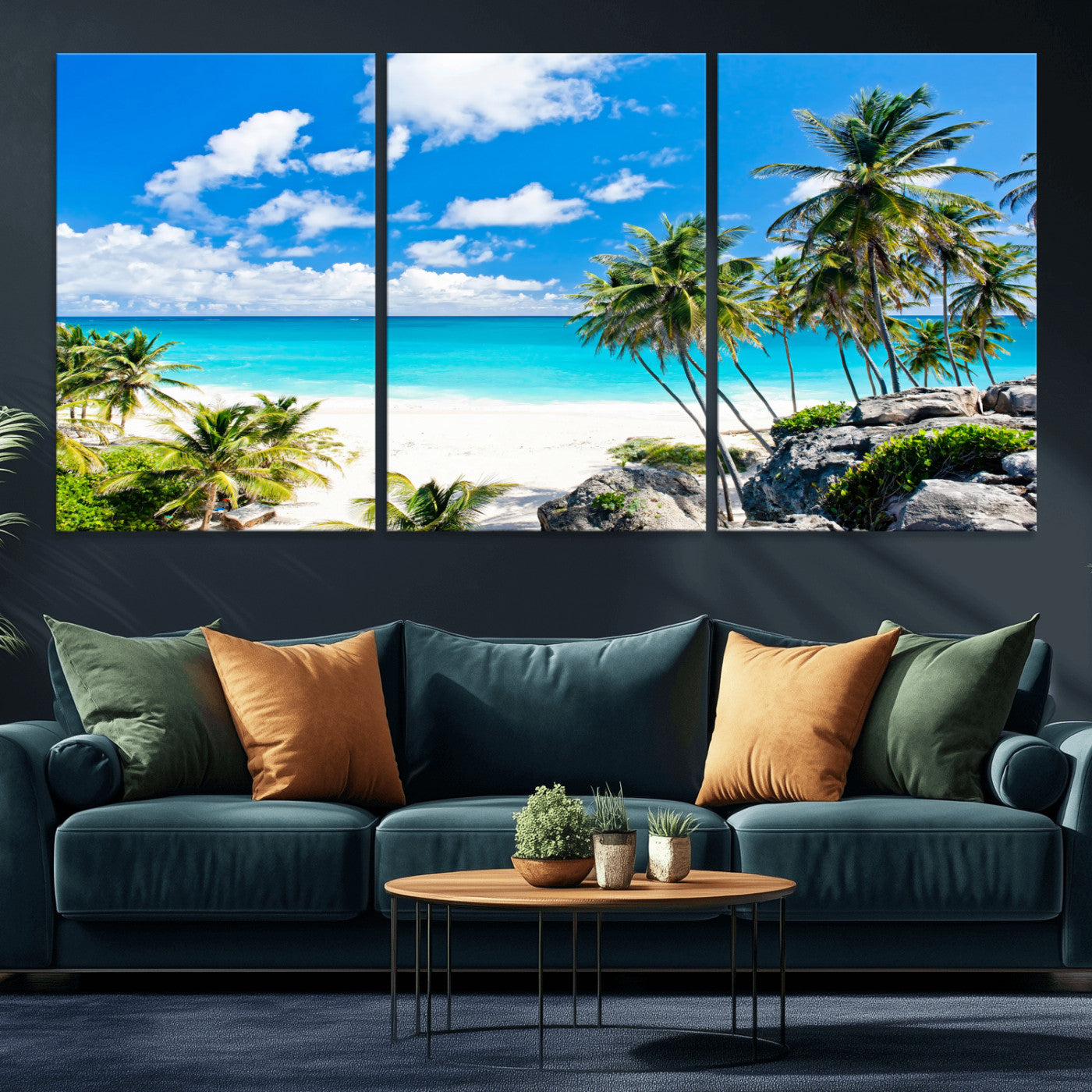 29232878-MGV-CV-36X24 - Barbados Beach Wall Art Canvas Print, Palm Tree Ocean Landscape, Turquoise Sea Coastal Photography, Tropical Island Wall Decor, Framed Ready to Hang