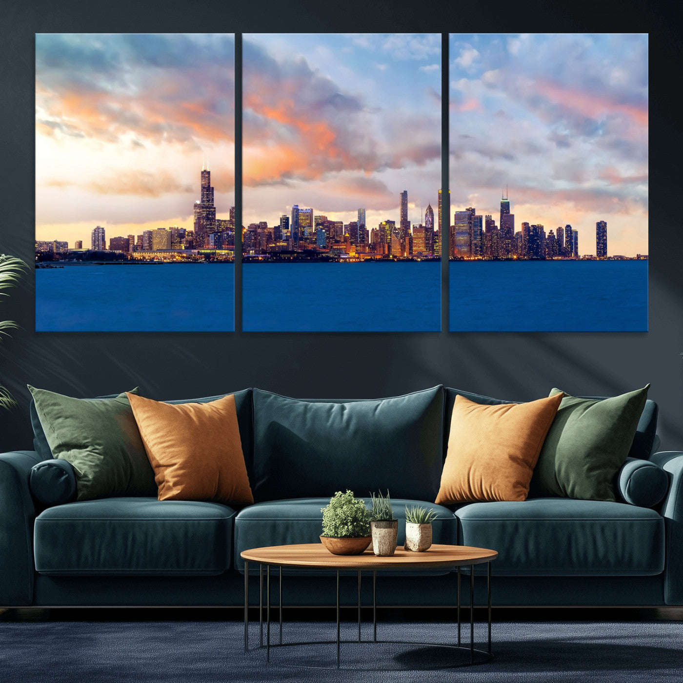 34667960-MGV-CV-36X24 - Chicago Wall Art Canvas Print, Chicago City Downtown Night Cityscape Print for Modern Urban Wall Decor