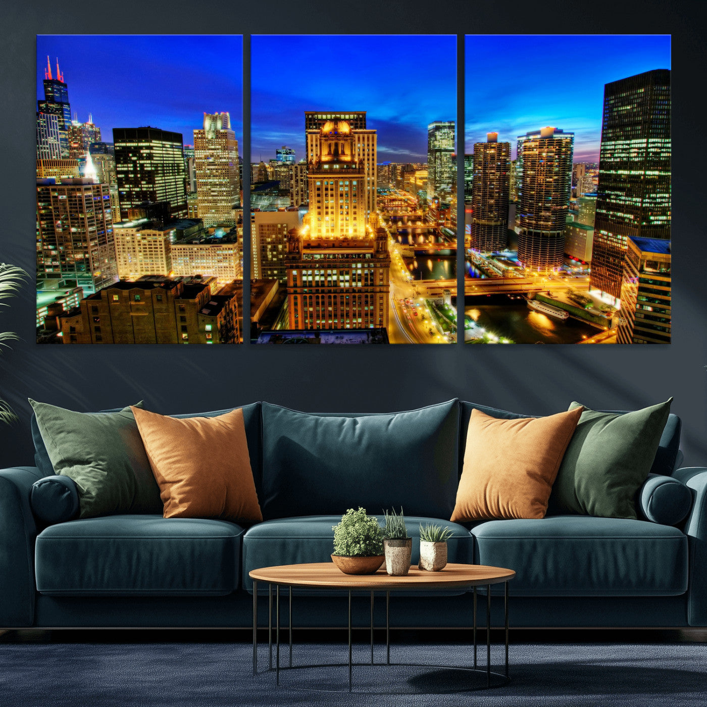 46298885-MGV-CV-36X24 - Chicago Wall Art Canvas Print, Chicago City Downtown Night Cityscape Print for Modern Urban Wall Decor