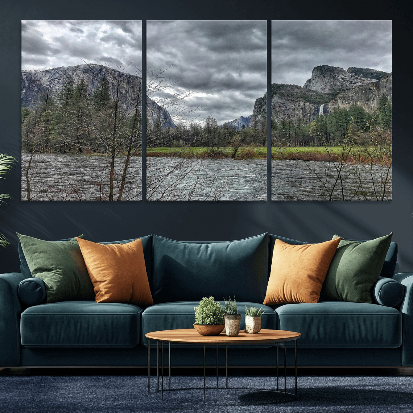 75582552-MGV-CV-36X24 - Yosemite Valley River Landscape Wall Art Canvas Print, Granite Cliffs Forest River Canvas Print, California National Park Moody Scenic Art Printi
