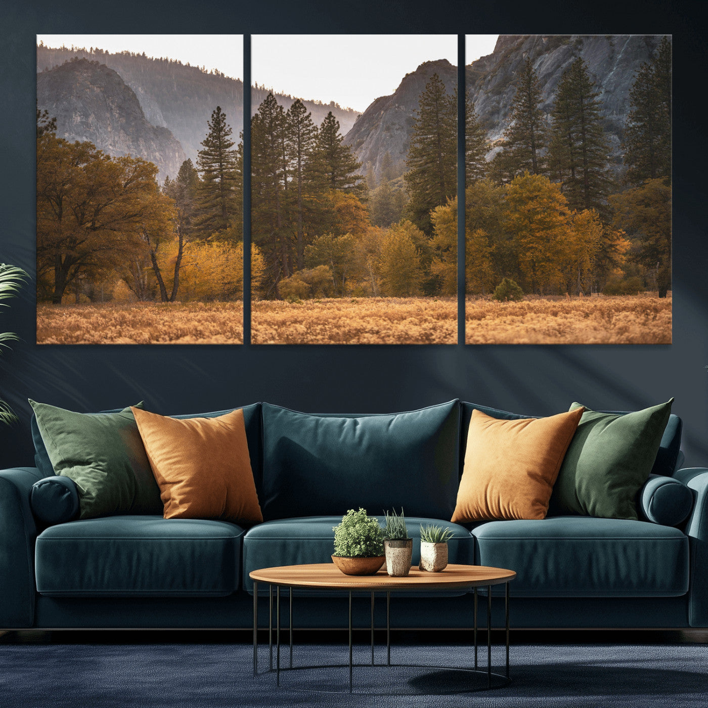 61682763-MGV-CV-36X24 - Yosemite Valley Autumn Forest Landscape Wall Art Canvas Print, Granite Mountain Pine Trees Canvas Print, California National Park Fall Scenic Art Printing