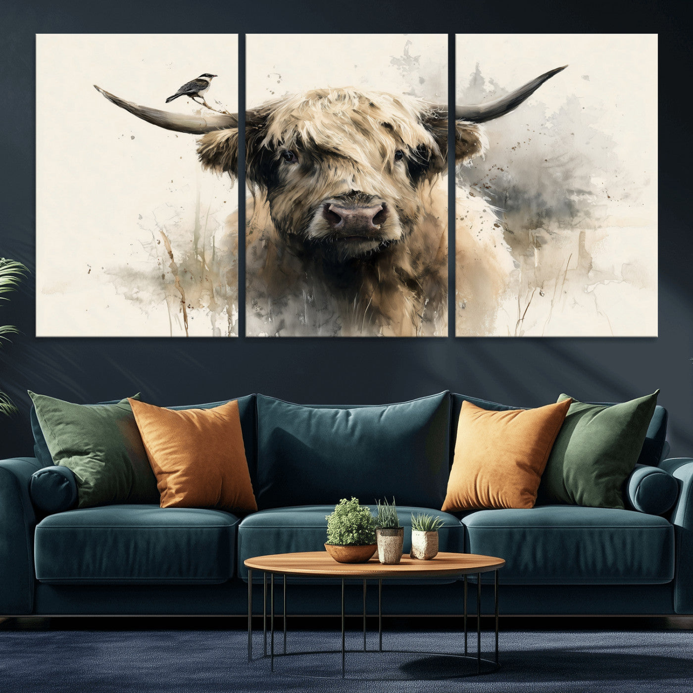 98249290-MGV-CV-36X24 - Abstract Highland Cow Watercolor Animal Wall Art Canvas Print, Rustic Farm Cattle Portrait Canvas Print, Neutral Wildlife Farmhouse Art Printing