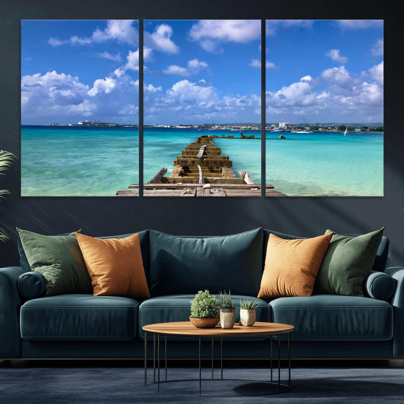 43165024-MGV-CV-36X24 - Caribbean Ocean Pier Seascape Wall Art Canvas Print, Turquoise Sea Tropical Harbor Canvas Print, Island Coastal Blue Water Scenic Art Printing