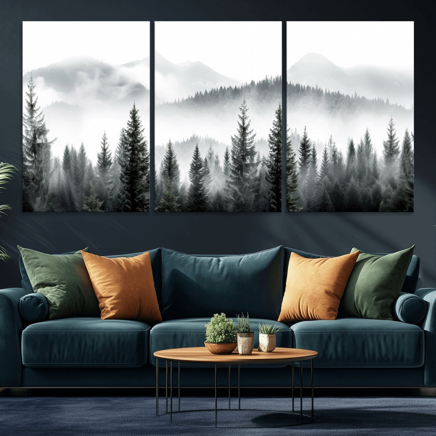 38819032-MGV-CV-36X24 - Misty Pine Forest Mountain Landscape Wall Art Canvas Print, Foggy Evergreen Trees Minimal Nature Canvas Print, Monochrome Wilderness Scenic Art Printing