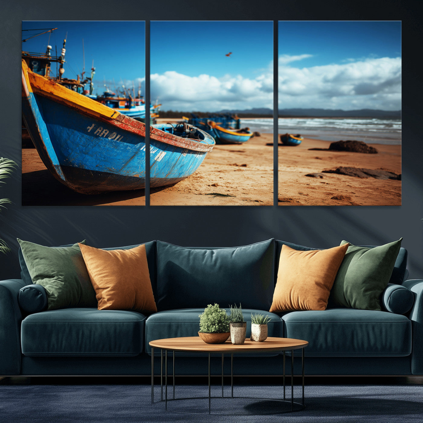70925201-MGV-CV-36X24 - Fishing Boats Wall Art Canvas Print, Coastal Boat Beach Scene, Nautical Seaside Artwork, Ocean Shore Decor, Coastal Home Wall Art
