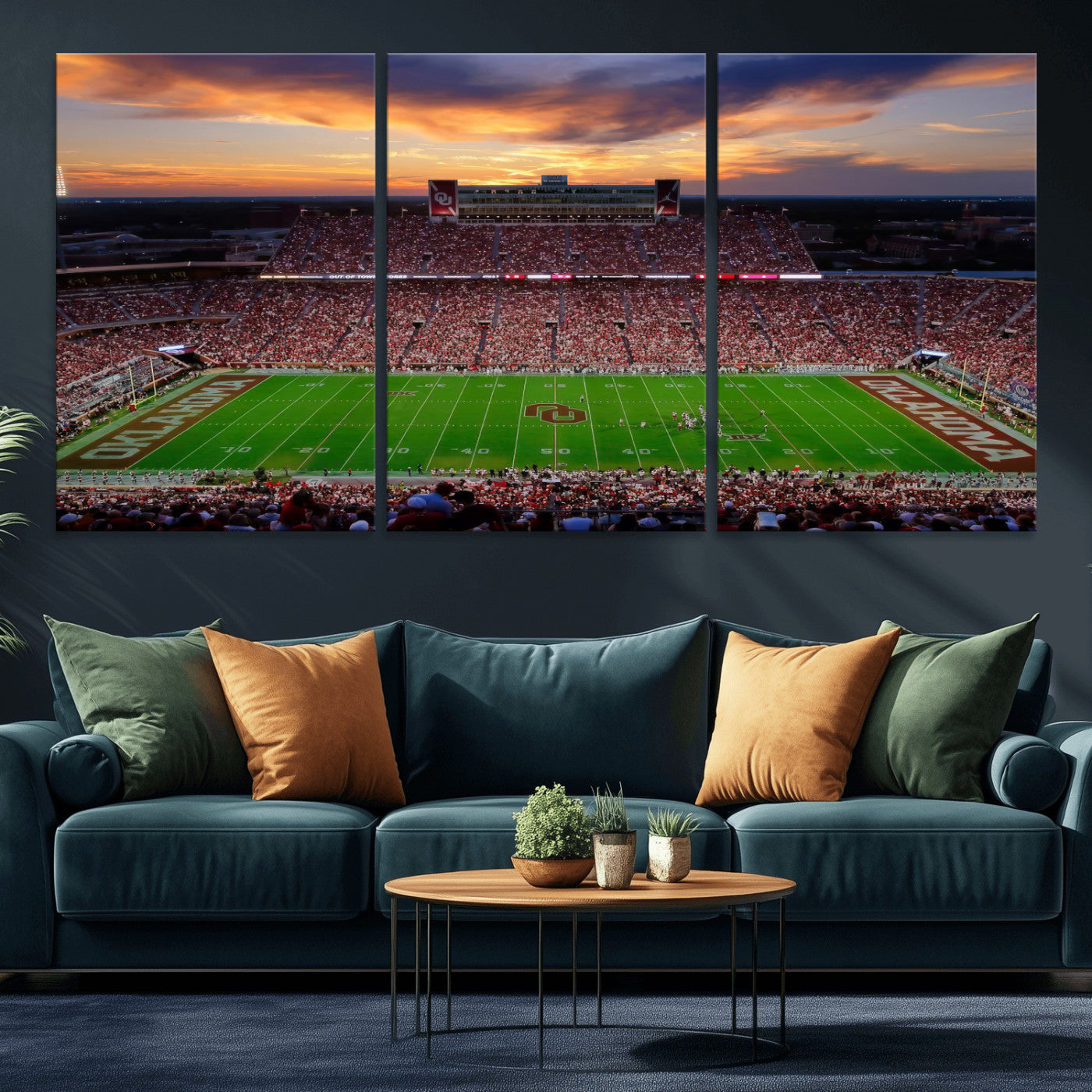 51457497-MGV-CV-36X24 - Oklahoma Sooners Stadium Wall Art Canvas Print, College Football Sunset Game Scene, OU Football Field Panorama Wall Decor