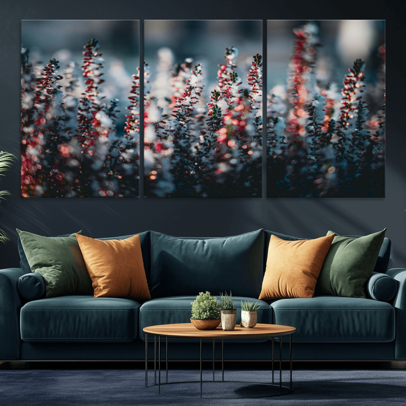 82063935-MGV-CV-36X24 - Winter Heather Wall Art Canvas Print, Frosted Floral Nature Art, Moody Botanical Wall Decor