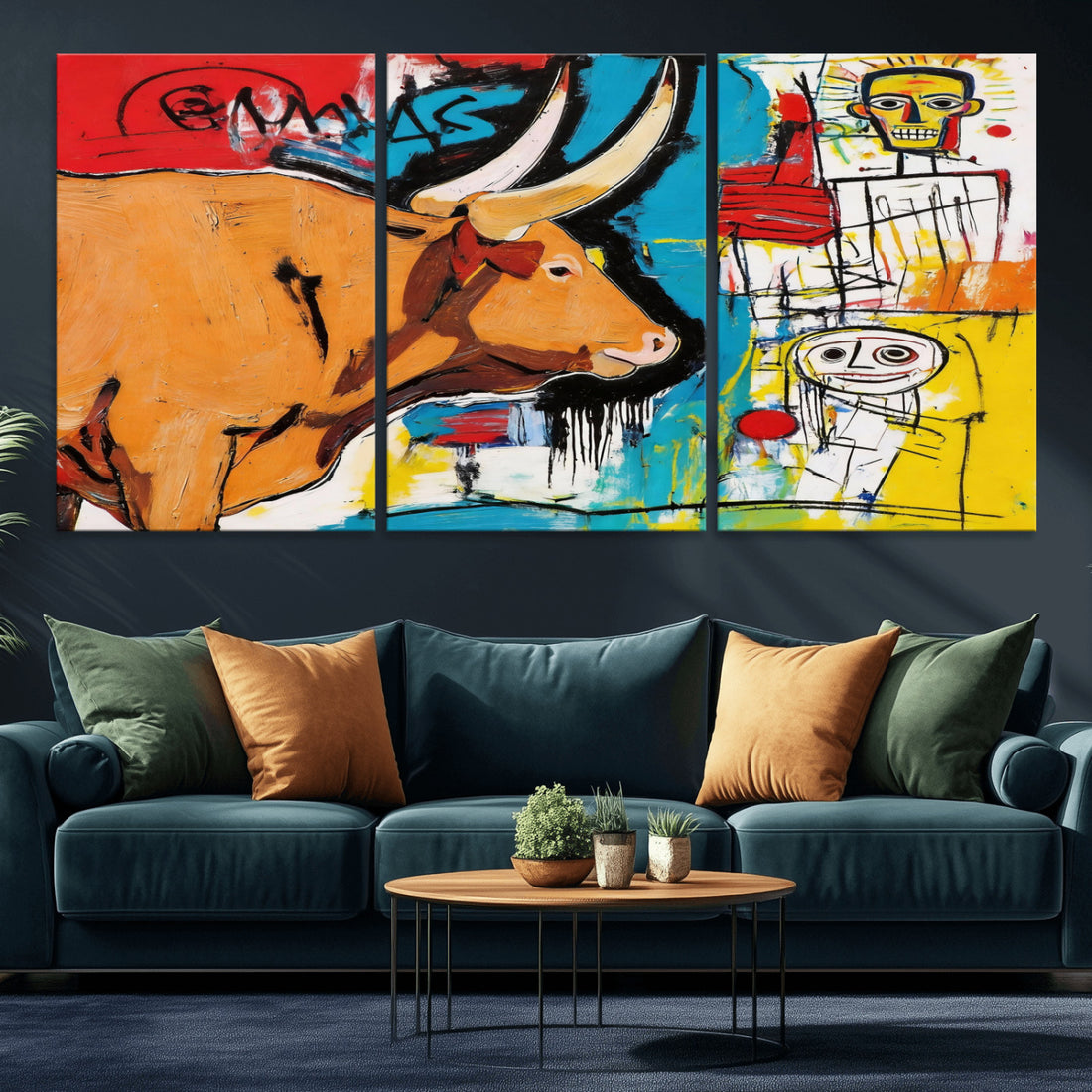 Basquiat Style Bull Graffiti Wall Art Canvas Print, Street Art