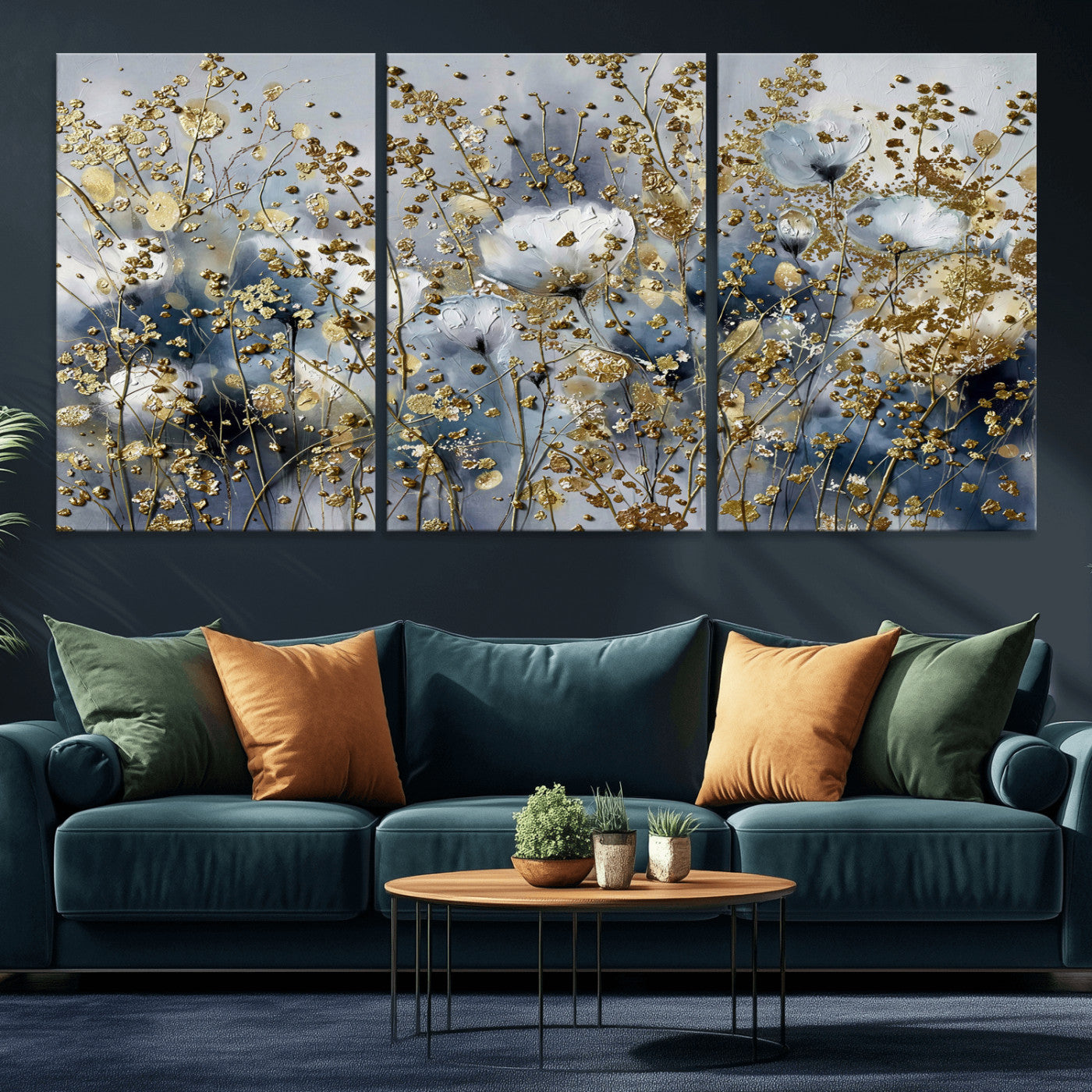 24499670-MGV-CV-36X24 - Abstract Floral Wall Art Canvas Print – Gold and Blue Botanical Artwork for Living Room, Bedroom, and Office Decor